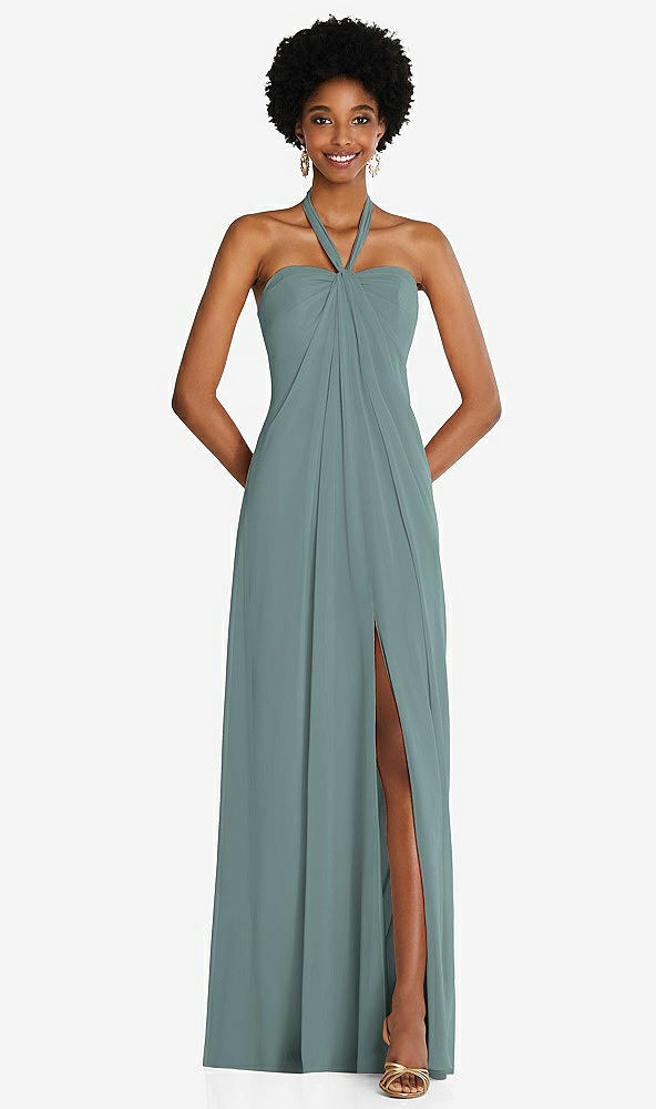 Front View - Icelandic Draped Chiffon Grecian Column Gown with Convertible Straps