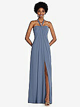 Front View Thumbnail - Larkspur Blue Draped Chiffon Grecian Column Gown with Convertible Straps