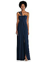 Alt View 1 Thumbnail - Midnight Navy Draped Chiffon Grecian Column Gown with Convertible Straps