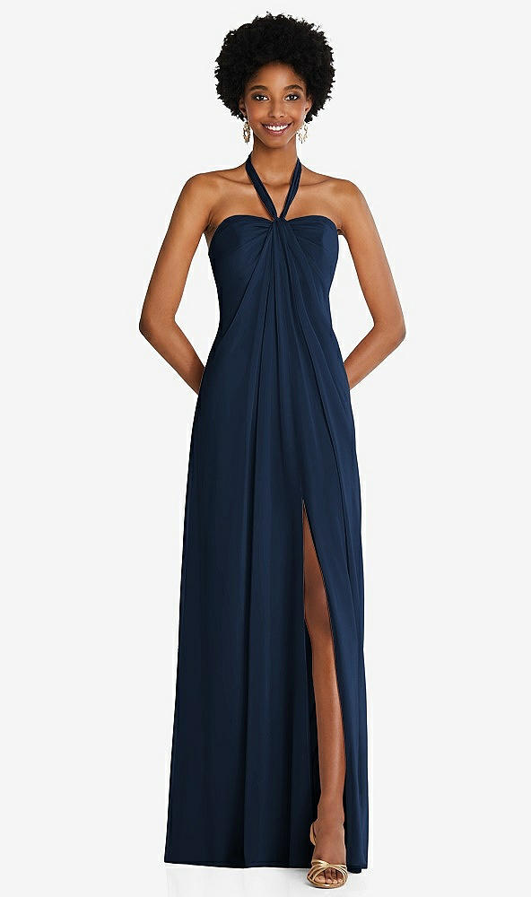 Front View - Midnight Navy Draped Chiffon Grecian Column Gown with Convertible Straps