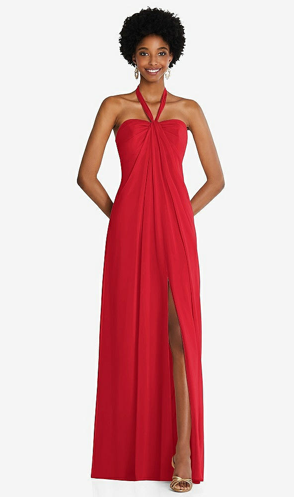 Front View - Parisian Red Draped Chiffon Grecian Column Gown with Convertible Straps
