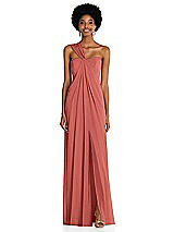 Alt View 1 Thumbnail - Coral Pink Draped Chiffon Grecian Column Gown with Convertible Straps
