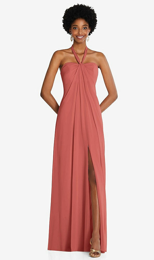 Front View - Coral Pink Draped Chiffon Grecian Column Gown with Convertible Straps