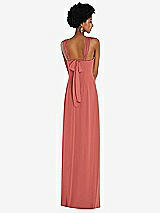 Rear View Thumbnail - Coral Pink Draped Chiffon Grecian Column Gown with Convertible Straps