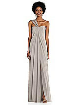 Alt View 1 Thumbnail - Taupe Draped Chiffon Grecian Column Gown with Convertible Straps