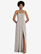 Front View Thumbnail - Taupe Draped Chiffon Grecian Column Gown with Convertible Straps