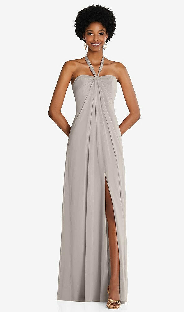 Front View - Taupe Draped Chiffon Grecian Column Gown with Convertible Straps