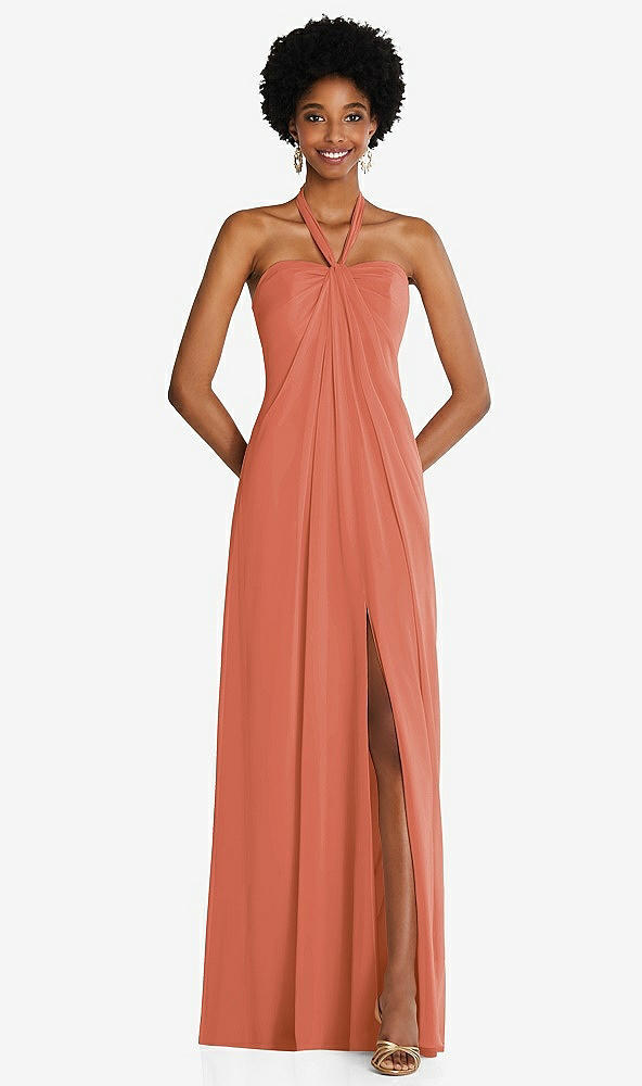 Front View - Terracotta Copper Draped Chiffon Grecian Column Gown with Convertible Straps