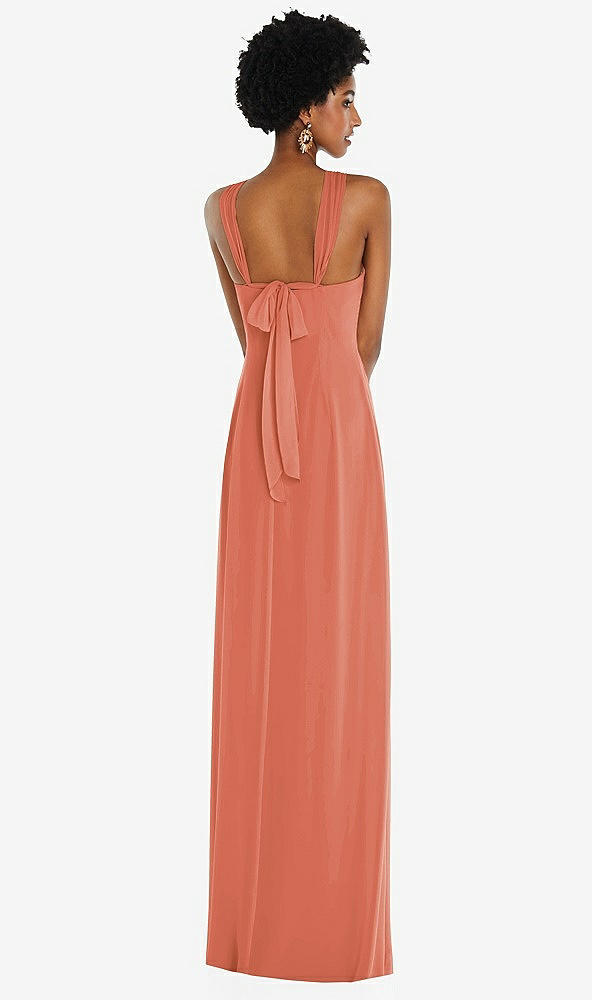Back View - Terracotta Copper Draped Chiffon Grecian Column Gown with Convertible Straps
