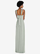 Rear View Thumbnail - Willow Green Draped Chiffon Grecian Column Gown with Convertible Straps