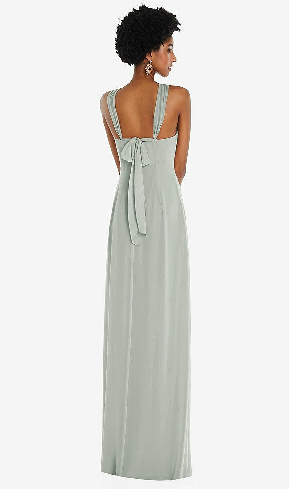 Back View - Willow Green Draped Chiffon Grecian Column Gown with Convertible Straps