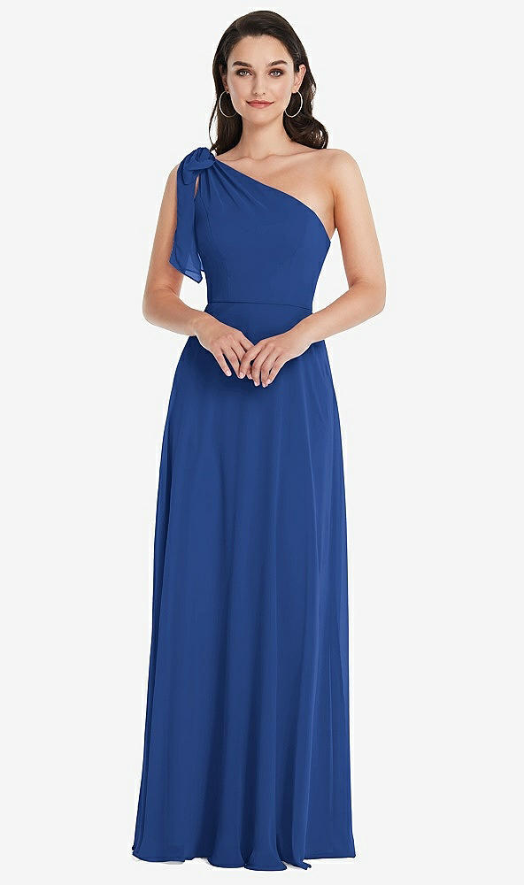 Front View - Classic Blue Draped One-Shoulder Maxi Dress with Scarf Bow