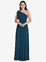 Front View Thumbnail - Atlantic Blue Draped One-Shoulder Maxi Dress with Scarf Bow