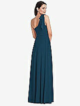 Rear View Thumbnail - Atlantic Blue Draped One-Shoulder Maxi Dress with Scarf Bow