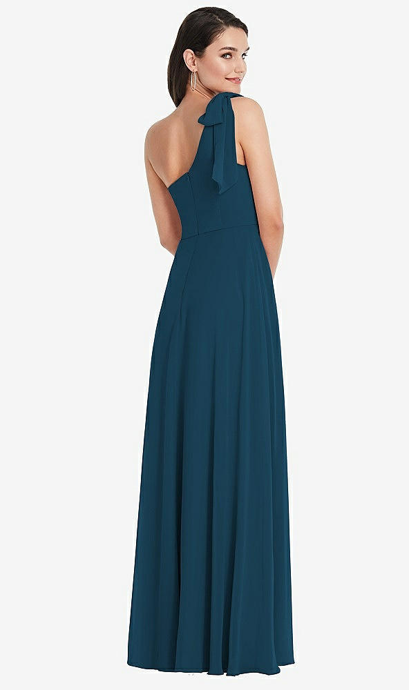 Back View - Atlantic Blue Draped One-Shoulder Maxi Dress with Scarf Bow