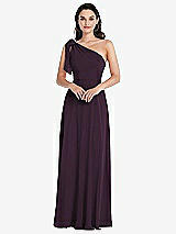 Front View Thumbnail - Aubergine Draped One-Shoulder Maxi Dress with Scarf Bow