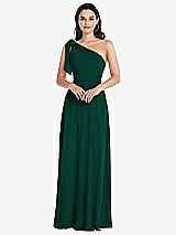 Front View Thumbnail - Hunter Green Draped One-Shoulder Maxi Dress with Scarf Bow