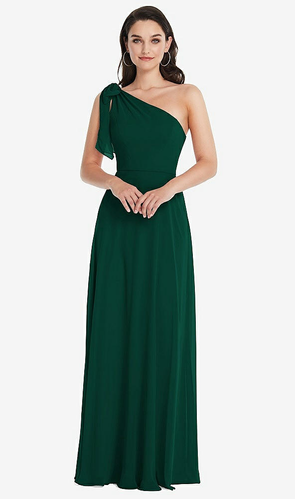 Front View - Hunter Green Draped One-Shoulder Maxi Dress with Scarf Bow
