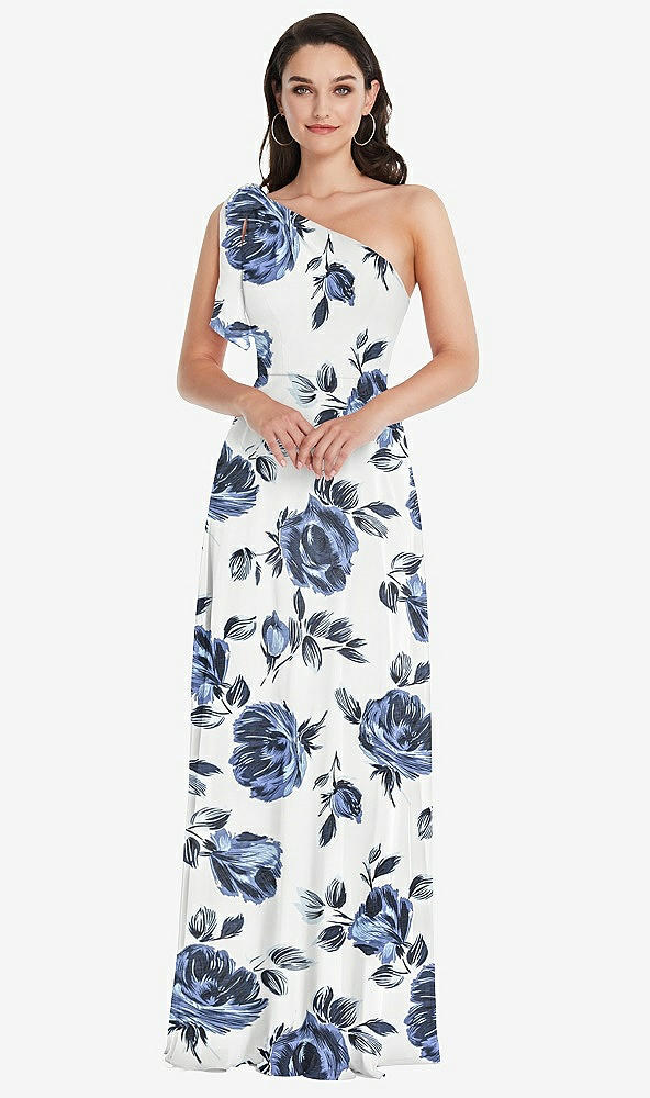 Front View - Indigo Rose Draped One-Shoulder Maxi Dress with Scarf Bow