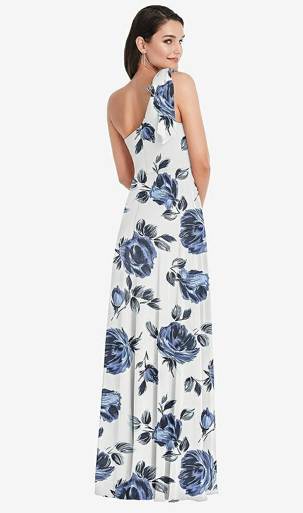 Back View - Indigo Rose Draped One-Shoulder Maxi Dress with Scarf Bow