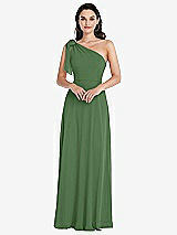 Front View Thumbnail - Vineyard Green Draped One-Shoulder Maxi Dress with Scarf Bow