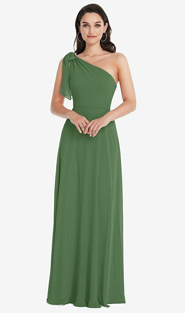 Front View - Vineyard Green Draped One-Shoulder Maxi Dress with Scarf Bow