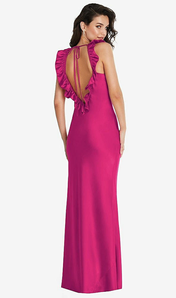 Back View - Think Pink Ruffle Trimmed Open-Back Maxi Slip Dress
