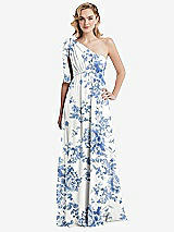 Alt View 3 Thumbnail - Cottage Rose Dusk Blue Empire Waist Shirred Skirt Convertible Sash Tie Maxi Dress