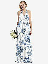 Front View Thumbnail - Cottage Rose Dusk Blue Empire Waist Shirred Skirt Convertible Sash Tie Maxi Dress