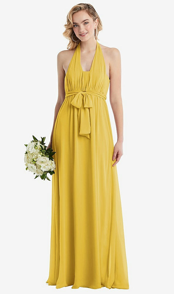 Front View - Marigold Empire Waist Shirred Skirt Convertible Sash Tie Maxi Dress