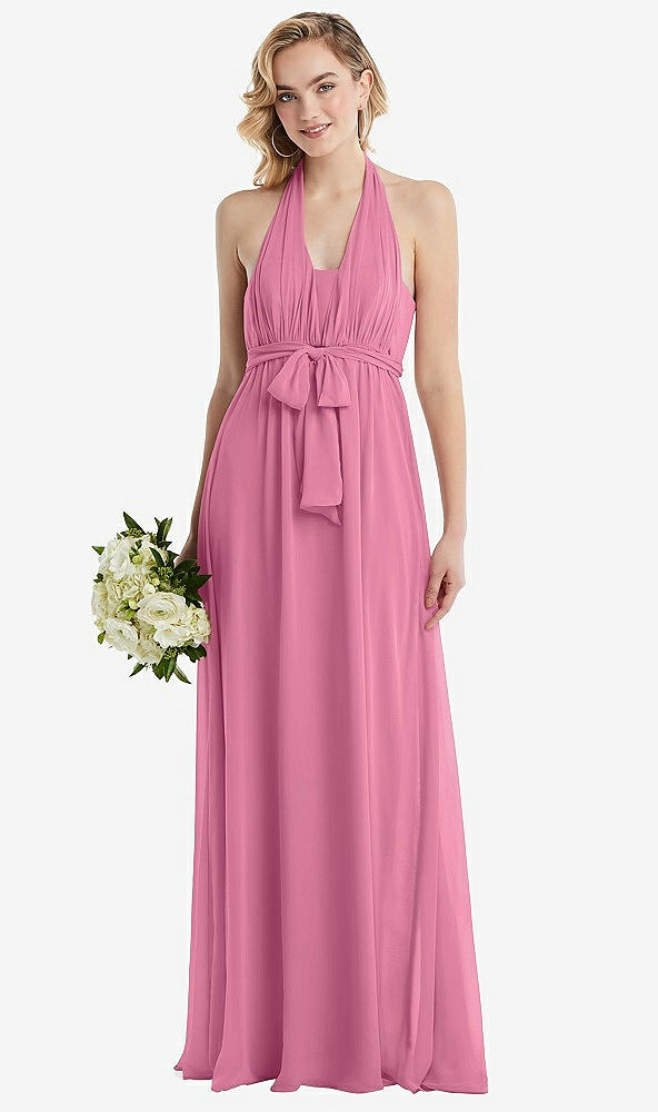 Front View - Orchid Pink Empire Waist Shirred Skirt Convertible Sash Tie Maxi Dress