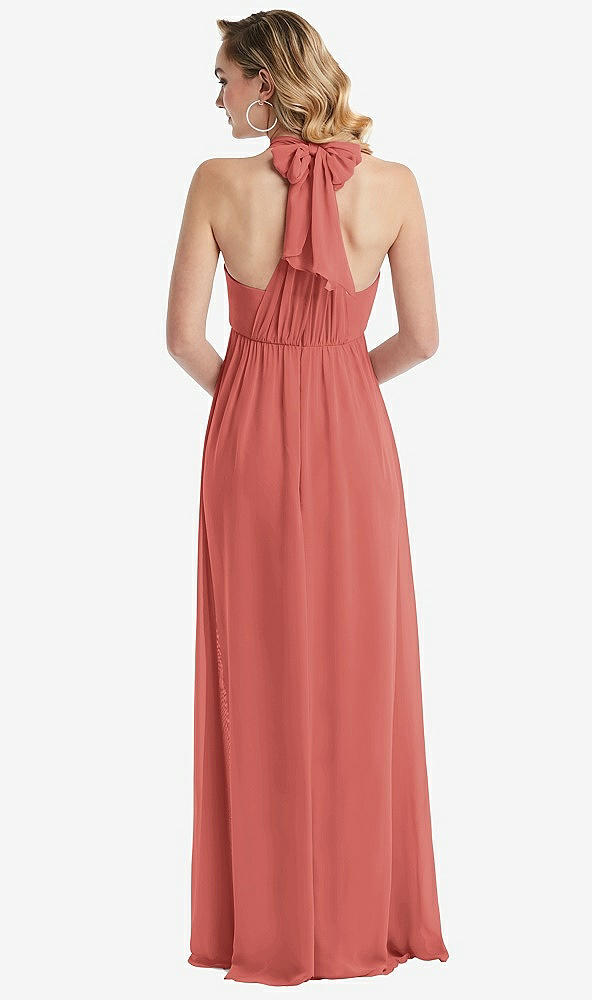 Back View - Coral Pink Empire Waist Shirred Skirt Convertible Sash Tie Maxi Dress
