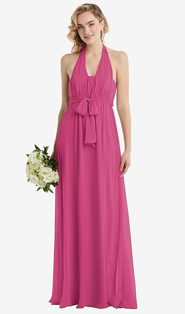Front View - Tea Rose Empire Waist Shirred Skirt Convertible Sash Tie Maxi Dress