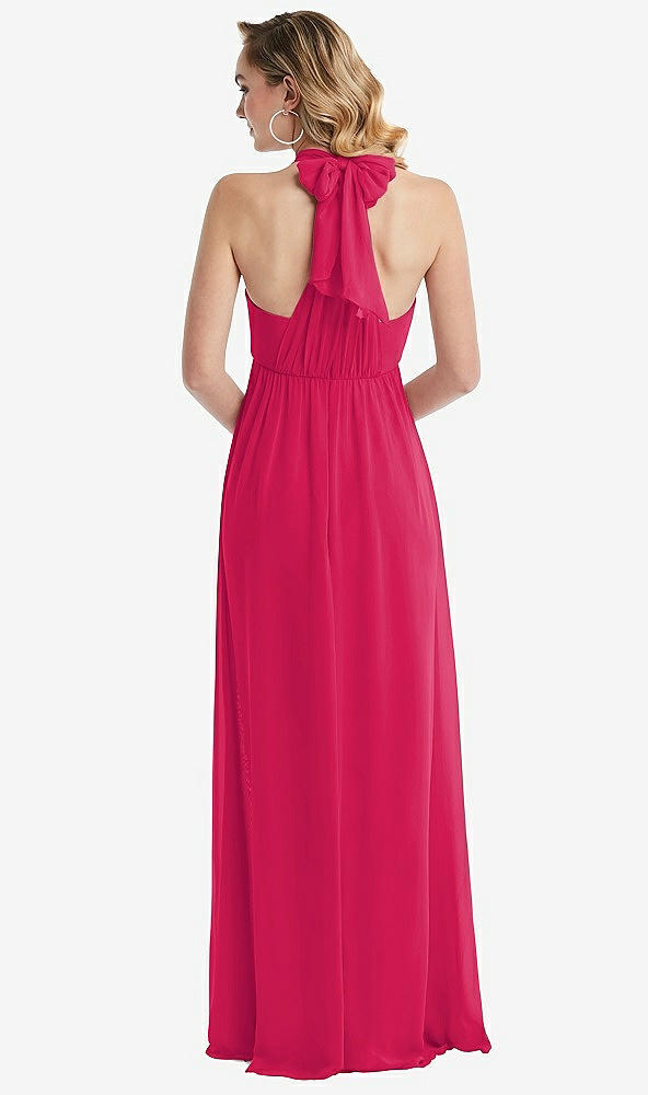 Back View - Vivid Pink Empire Waist Shirred Skirt Convertible Sash Tie Maxi Dress