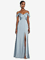 Front View Thumbnail - Mist Off-the-Shoulder Flounce Sleeve Empire Waist Gown with Front Slit
