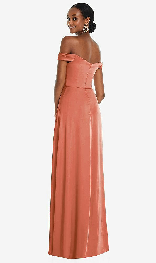 Back View - Terracotta Copper Off-the-Shoulder Flounce Sleeve Empire Waist Gown with Front Slit