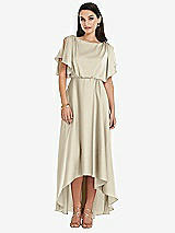 Front View Thumbnail - Champagne Blouson Bodice Deep V-Back High Low Dress with Flutter Sleeves