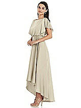 Side View Thumbnail - Champagne Blouson Bodice Deep V-Back High Low Dress with Flutter Sleeves