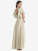 Rear View Thumbnail - Champagne Blouson Bodice Deep V-Back High Low Dress with Flutter Sleeves