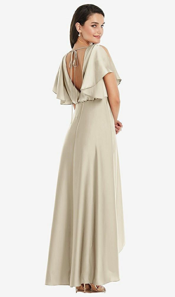 Back View - Champagne Blouson Bodice Deep V-Back High Low Dress with Flutter Sleeves
