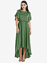 Front View Thumbnail - Vineyard Green Blouson Bodice Deep V-Back High Low Dress with Flutter Sleeves