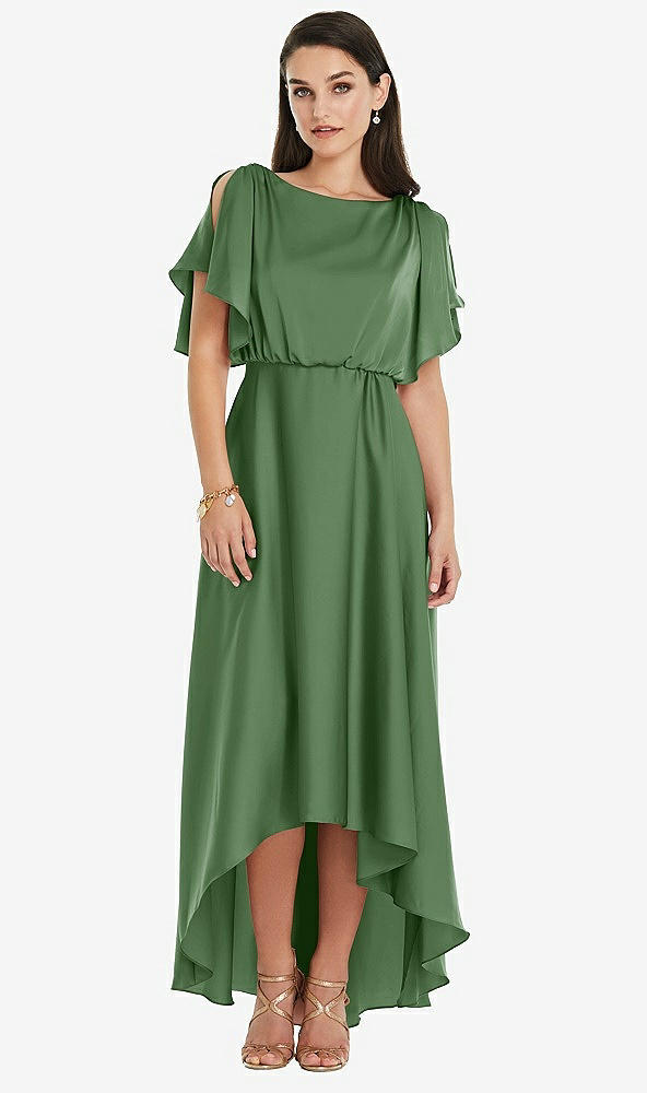 Front View - Vineyard Green Blouson Bodice Deep V-Back High Low Dress with Flutter Sleeves