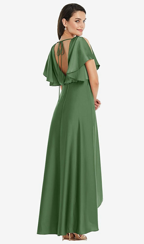 Back View - Vineyard Green Blouson Bodice Deep V-Back High Low Dress with Flutter Sleeves
