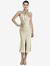 Front View Thumbnail - Champagne Scarf Tie Stand Collar Midi Bias Dress with Front Slit