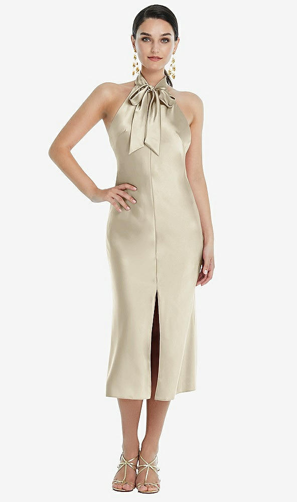 Front View - Champagne Scarf Tie Stand Collar Midi Bias Dress with Front Slit