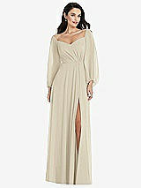 Alt View 1 Thumbnail - Champagne Off-the-Shoulder Puff Sleeve Maxi Dress with Front Slit