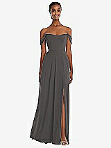 Front View Thumbnail - Caviar Gray Off-the-Shoulder Basque Neck Maxi Dress with Flounce Sleeves