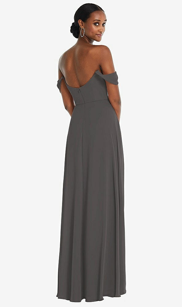 Back View - Caviar Gray Off-the-Shoulder Basque Neck Maxi Dress with Flounce Sleeves