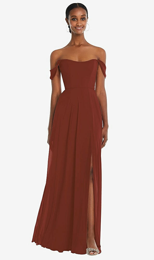 Front View - Auburn Moon Off-the-Shoulder Basque Neck Maxi Dress with Flounce Sleeves