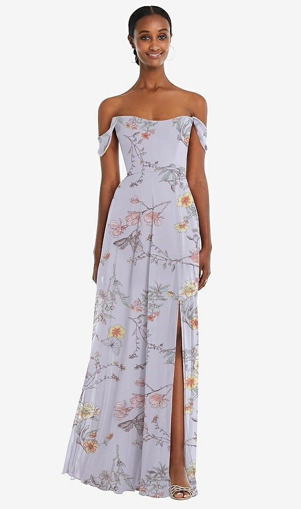Front View - Butterfly Botanica Silver Dove Off-the-Shoulder Basque Neck Maxi Dress with Flounce Sleeves